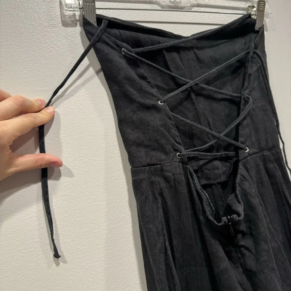 Reformation Jager Jumpsuit 100% Linen Pant FLAWED Black Tie Up Back Womens sz 6